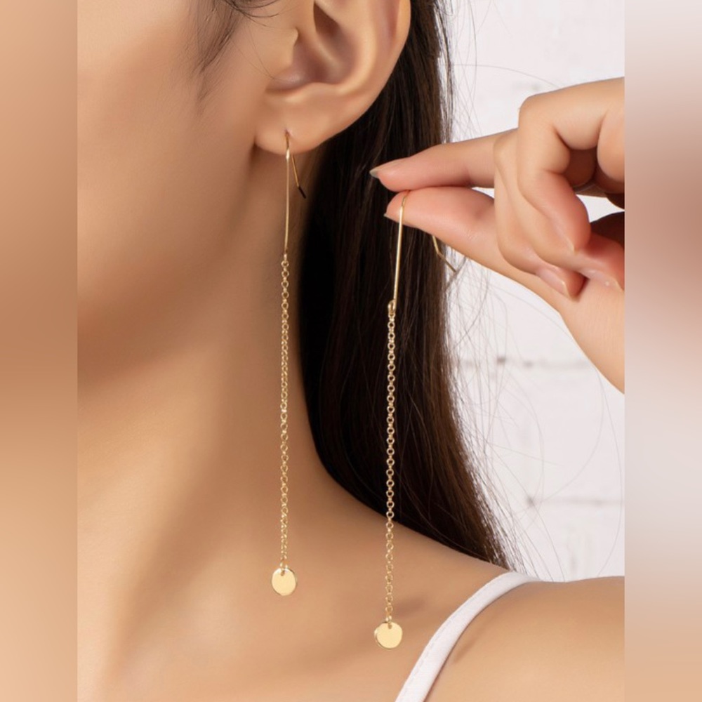 Gold 3 pair dainty long drop chain earrings